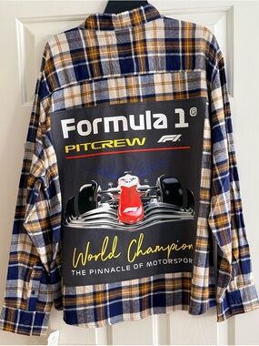 Custom Upcycled FORMULA 1 Racing Flannel Shirt Size XL OOAK